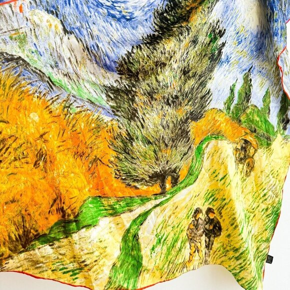 Vintage VINCENT VAN GOGH Road with Cypress and Star Hand Rolled Silk Scarf - Picture 4 of 8